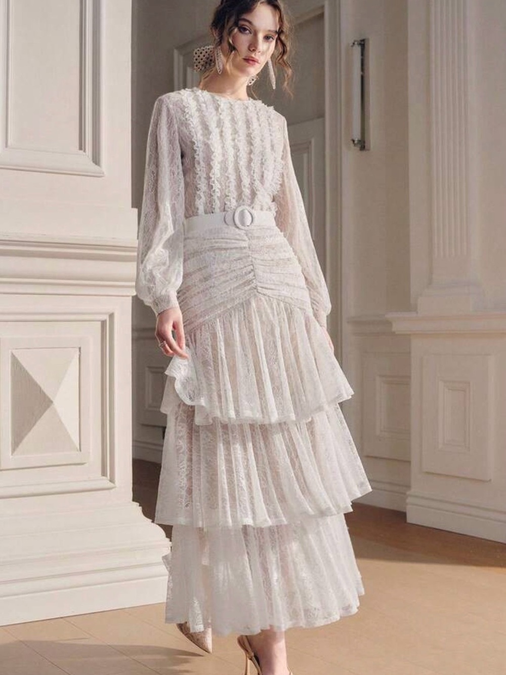 Romantic White Lace Tiered Maxi Dress with Statement Belt